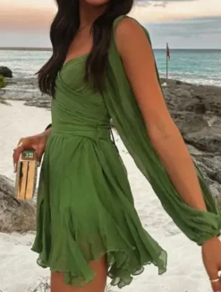 Women's Mini Dress Summer Dress Fashion Modern Outdoor Vacation Going out Regular Fit Plain Long Sleeve V Neck Black White Blue Dark Green Summer