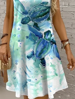 Women's Mini Dress Sundress A Line Dress Off The Shoulder Dress Vacation Casual Holiday Beach Regular Fit Graphic Turtle Sleeveless Crew Neck Yellow Red Blue Purple Summer Spring