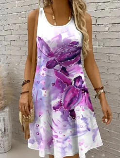 Women's Mini Dress Sundress A Line Dress Off The Shoulder Dress Vacation Casual Holiday Beach Regular Fit Graphic Turtle Sleeveless Crew Neck Yellow Red Blue Purple Summer Spring