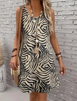 Women's Mini Dress Sundress A Line Dress Summer Dress Vacation Casual Daily Loose Fit Graphic Geometric Sleeveless U Neck Brown Summer