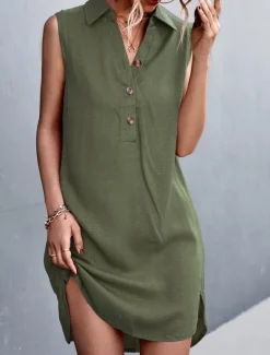 Women's Mini Dress Sundress Summer Dress Casual Daily Regular Fit Solid Color Sleeveless Shirt Collar ArmyGreen Black Red Beige Summer