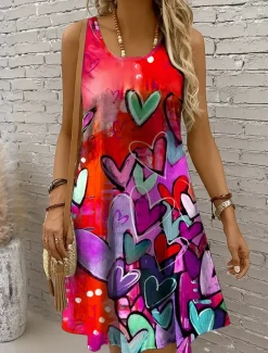 Women's Mini Dress Sundress A Line Dress Off The Shoulder Dress Vacation Casual Boho Holiday Beach Regular Fit Heart Graphic Sleeveless Crew Neck Yellow Red Blue Purple Summer Spring