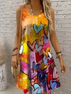 Women's Mini Dress Sundress A Line Dress Off The Shoulder Dress Vacation Casual Boho Holiday Beach Regular Fit Heart Graphic Sleeveless Crew Neck Yellow Red Blue Purple Summer Spring