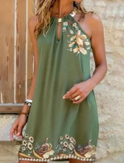 Women's Mini Dress Sundress A Line Dress Off The Shoulder Dress Vacation Casual Boho Cocktail Party Regular Fit Floral Graphic Sleeveless Crewneck Green Summer Spring