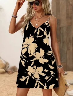 Women's Mini Dress Sundress A Line Dress Summer Dress Slip Dress Vacation Casual Outdoor Party Daily Regular Fit Floral Graphic Abstract Sleeveless V Neck Black Summer Spring