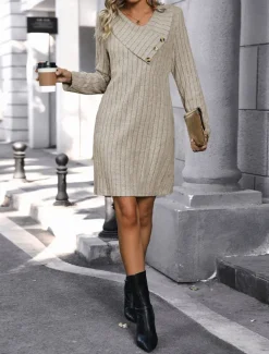 Women's Mini Dress Sweater Dress Casual Dress Plain Dress Basic Casual Flared Vacation Street Regular Fit Long Sleeve V Neck Apricot Fall Winter