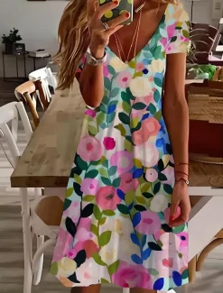 Women's Mini Dress T Shirt Dress Tee Dress Sundress A Line Dress Summer Dress Vacation Casual Daily Tea Party Going out Regular Fit Floral Graphic Short Sleeve V Neck Light Green Blue Sky Blue Light