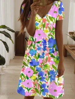 Women's Mini Dress T Shirt Dress Tee Dress Sundress A Line Dress Summer Dress Vacation Casual Daily Tea Party Going out Regular Fit Floral Graphic Short Sleeve V Neck Light Green Blue Sky Blue Light