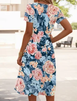 Women's Mini Dress T Shirt Dress Tee Dress Sundress A Line Dress Summer Dress Vacation Casual Daily Tea Party Going out Regular Fit Floral Graphic Short Sleeve V Neck Light Green Blue Sky Blue Light