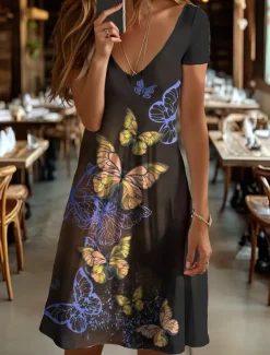 Women's Mini Dress T Shirt Dress Tee Dress A Line Dress Summer Dress Vacation Casual Holiday Regular Fit Graphic Animal Butterfly Short Sleeve Crew Neck Yellow Red Blue Purple Summer Spring