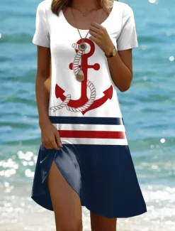 Women's Mini Dress T Shirt Dress Tee Dress Shift Dress Formal Vacation Daily Regular Fit Graphic Stripe Sea Short Sleeve Crewneck Navy Blue Summer Spring