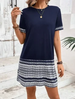 Women's Mini Dress T Shirt Dress Tee Dress Shift Dress Formal Vacation Daily Regular Fit Graphic Geometric Tribal Short Sleeve Crew Neck Dark Blue Summer Spring