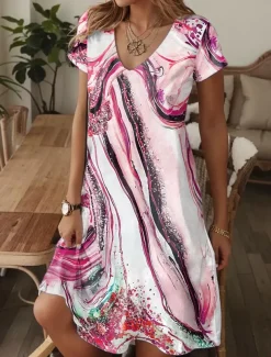 Women's Mini Dress T Shirt Dress Tee Dress Sundress A Line Dress Elegant Vintage Stylish Vacation Birthday Casual Regular Fit Ombre Graphic Short Sleeve V Neck Pink Blue Orange Summer