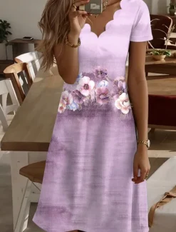 Women's Mini Dress T Shirt Dress Tee Dress A Line Dress Summer Dress Casual Daily Regular Fit Floral Graphic Short Sleeve V Neck Blue Purple Summer