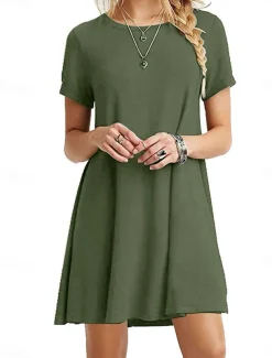 Women's Mini Dress T Shirt Dress Tee Dress Solid Color Vacation Casual Daily Regular Fit Graphic Short Sleeve Notched Neck Black Pink Army Green Gray Summer