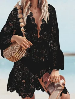 Women's Mini Dress White Dress Lace Dress Boho Dress Cover Up Fashion Casual Boho Flare Cuff Sleeve Outdoor Vacation Beach Loose Fit Plain Long Sleeve V Neck Black White Summer Spring