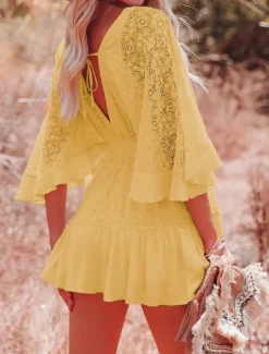 Women's Mini Dress White Dress Lace Dress Boho Chic Dresses Boho Dress Bohemia A Line Date Regular Fit 3/4 Length Sleeve V Neck Black White Yellow Pink Summer Spring