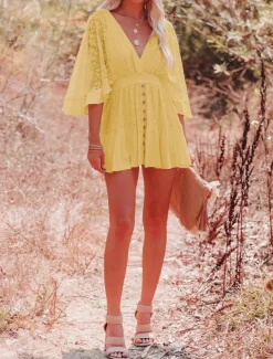 Women's Mini Dress White Dress Lace Dress Boho Chic Dresses Boho Dress Bohemia A Line Date Regular Fit 3/4 Length Sleeve V Neck Black White Yellow Pink Summer Spring