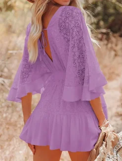 Women's Mini Dress White Dress Lace Dress Boho Chic Dresses Boho Dress Bohemia A Line Date Regular Fit 3/4 Length Sleeve V Neck Black White Yellow Pink Summer Spring