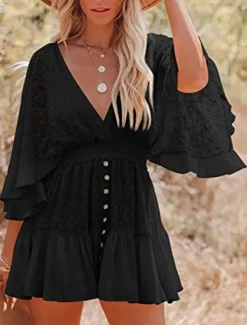 Women's Mini Dress White Dress Lace Dress Boho Chic Dresses Boho Dress Bohemia A Line Date Regular Fit 3/4 Length Sleeve V Neck Black White Yellow Pink Summer Spring