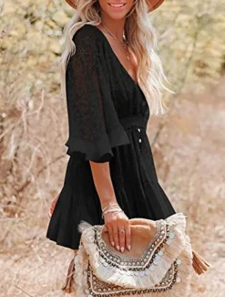 Women's Mini Dress White Dress Lace Dress Boho Chic Dresses Boho Dress Bohemia A Line Date Regular Fit 3/4 Length Sleeve V Neck Black White Yellow Pink Summer Spring