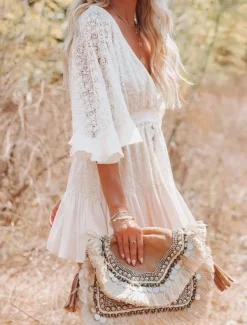 Women's Mini Dress White Dress Lace Dress Boho Chic Dresses Boho Dress Bohemia A Line Date Regular Fit 3/4 Length Sleeve V Neck Black White Yellow Pink Summer Spring