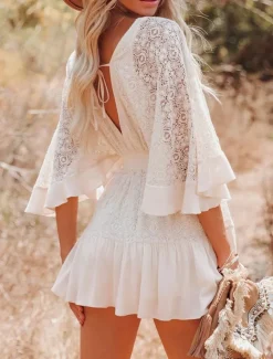 Women's Mini Dress White Dress Lace Dress Boho Chic Dresses Boho Dress Bohemia A Line Date Regular Fit 3/4 Length Sleeve V Neck Black White Yellow Pink Summer Spring
