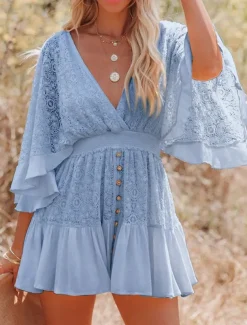 Women's Mini Dress White Dress Lace Dress Boho Chic Dresses Boho Dress Bohemia A Line Date Regular Fit 3/4 Length Sleeve V Neck Black White Yellow Pink Summer Spring