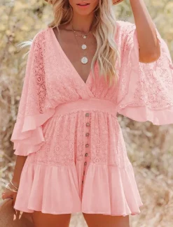 Women's Mini Dress White Dress Lace Dress Boho Chic Dresses Boho Dress Bohemia A Line Date Regular Fit 3/4 Length Sleeve V Neck Black White Yellow Pink Summer Spring