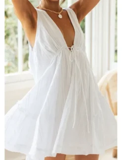 Women's Mini Dress White Dress Graduation Dress Fashion Graduation Going out Regular Fit Plain Sleeveless V Neck White Navy Blue Apricot Summer