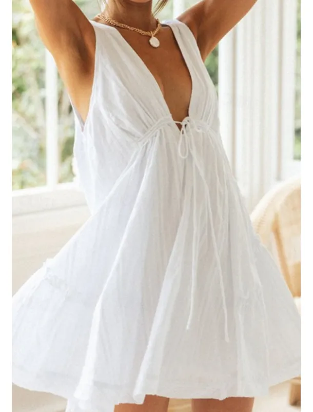 Women's Mini Dress White Dress Graduation Dress Fashion Graduation Going out Regular Fit Plain Sleeveless V Neck White Navy Blue Apricot Summer