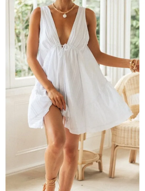 Women's Mini Dress White Dress Graduation Dress Fashion Graduation Going out Regular Fit Plain Sleeveless V Neck White Navy Blue Apricot Summer