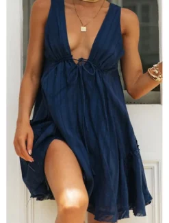 Women's Mini Dress White Dress Graduation Dress Fashion Graduation Going out Regular Fit Plain Sleeveless V Neck White Navy Blue Apricot Summer
