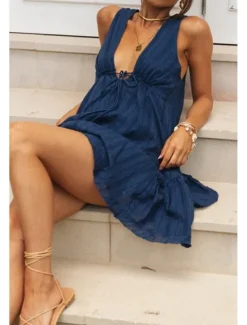 Women's Mini Dress White Dress Graduation Dress Fashion Graduation Going out Regular Fit Plain Sleeveless V Neck White Navy Blue Apricot Summer