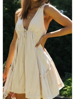 Women's Mini Dress White Dress Graduation Dress Fashion Graduation Going out Regular Fit Plain Sleeveless V Neck White Navy Blue Apricot Summer