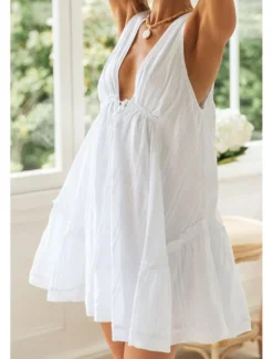 Women's Mini Dress White Dress Graduation Dress Fashion Graduation Going out Regular Fit Plain Sleeveless V Neck White Navy Blue Apricot Summer