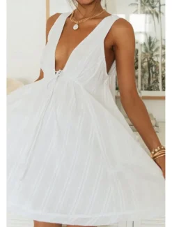 Women's Mini Dress White Dress Graduation Dress Fashion Graduation Going out Regular Fit Plain Sleeveless V Neck White Navy Blue Apricot Summer