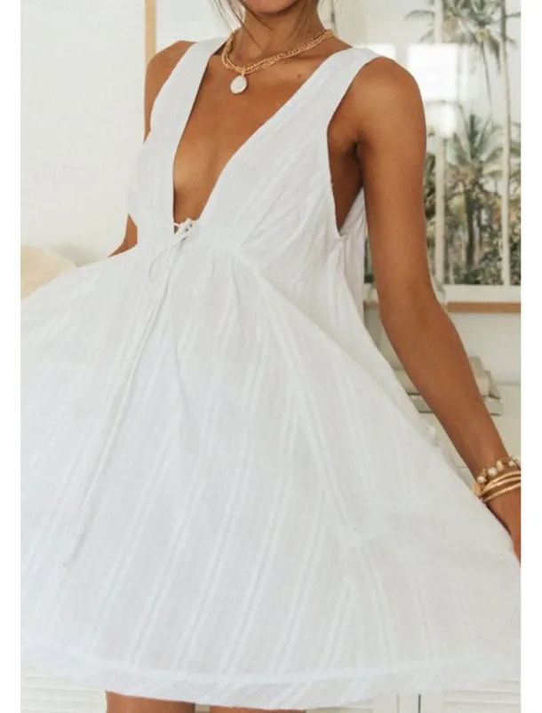 Women's Mini Dress White Dress Graduation Dress Fashion Graduation Going out Regular Fit Plain Sleeveless V Neck White Navy Blue Apricot Summer