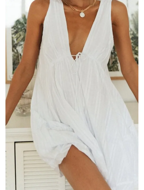 Women's Mini Dress White Dress Graduation Dress Fashion Graduation Going out Regular Fit Plain Sleeveless V Neck White Navy Blue Apricot Summer