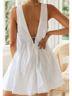 Women's Mini Dress White Dress Graduation Dress Fashion Graduation Going out Regular Fit Plain Sleeveless V Neck White Navy Blue Apricot Summer