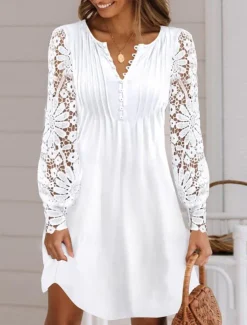 Women's Mini Dress White Dress Casual Dress White Lace Wedding Dress Fashion Modern Mature Vacation Daily Holiday Regular Fit Plain Long Sleeve Crew Neck Black White Summer Spring Fall Autumn