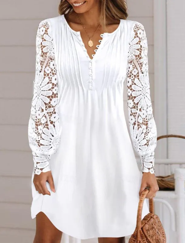 Women's Mini Dress White Dress Casual Dress White Lace Wedding Dress Fashion Modern Mature Vacation Daily Holiday Regular Fit Plain Long Sleeve Crew Neck Black White Summer Spring Fall Autumn