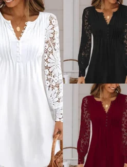 Women's Mini Dress White Dress Casual Dress White Lace Wedding Dress Fashion Modern Mature Vacation Daily Holiday Regular Fit Plain Long Sleeve Crew Neck Black White Summer Spring Fall Autumn