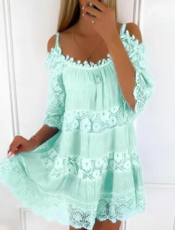 Women's Mini Dress White Dress Graduation Dress Lace Dress Boho Dress Stylish Basic Modern Vacation Loose Fit Pure Color Half Sleeve Crew Neck Black White Green Light Blue Summer Spring