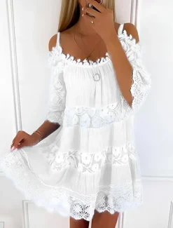 Women's Mini Dress White Dress Graduation Dress Lace Dress Boho Dress Stylish Basic Modern Vacation Loose Fit Pure Color Half Sleeve Crew Neck Black White Green Light Blue Summer Spring