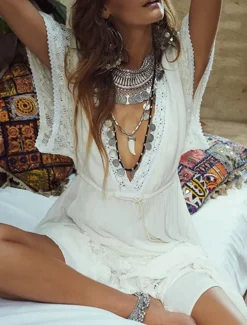 Women's Mini Dress White Dress Swing Dress Summer Dress Boho Dress Streetwear Maxi Basic Vacation Street Holiday Regular Fit Half Sleeve V Neck White Summer