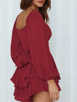 Women's Mini Dress White Dress A Line Dress Stylish Casual Lantern Sleeve Vacation Daily Date Regular Fit Plain Long Sleeve Square Neck Black White Pink Wine Summer Fall