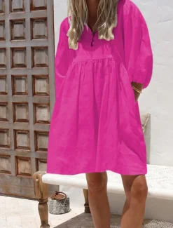 Women's Mini Dress White Dress Cotton Linen Dresses Black Dress Casual Dress Basic Modern Daily Weekend Loose Fit Plain 3/4 Length Sleeve V Neck Black White Rose Red Summer Spring