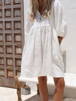 Women's Mini Dress White Dress Cotton Linen Dresses Black Dress Casual Dress Basic Modern Daily Weekend Loose Fit Plain 3/4 Length Sleeve V Neck Black White Rose Red Summer Spring