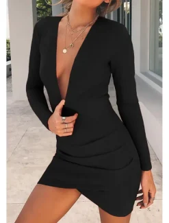 Women's Mini Dress White Dress Graduation Dress Bodycon Fashion Modern Outdoor Birthday Graduation Regular Fit Plain Long Sleeve Deep V Black White Red Summer